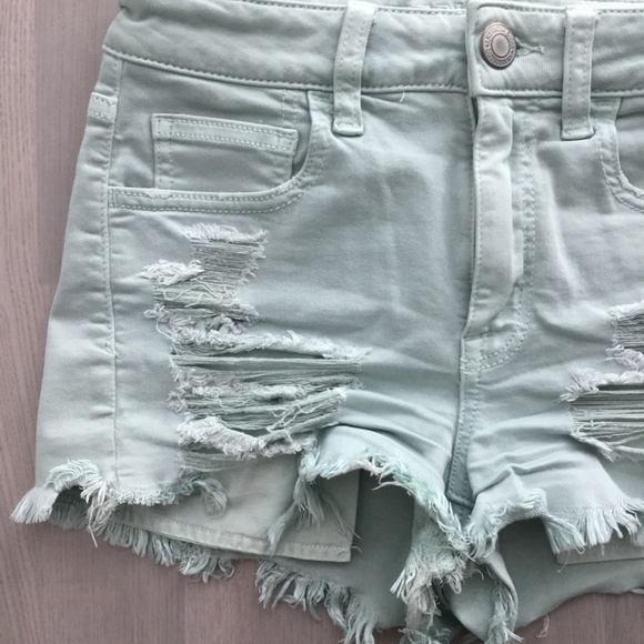 American Eagle Dusty Mint Pastel Mid / High Rise Distressed Stretchy Shorts - Picture 4 of 7